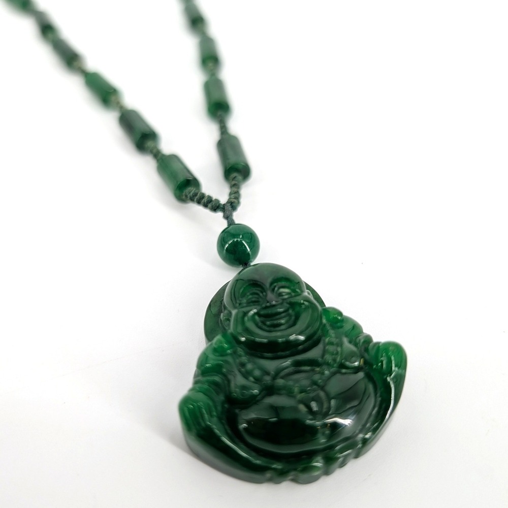Laughing Buddha Pendant Necklace Carved Green Stone Cylinder Beaded Cord 18"